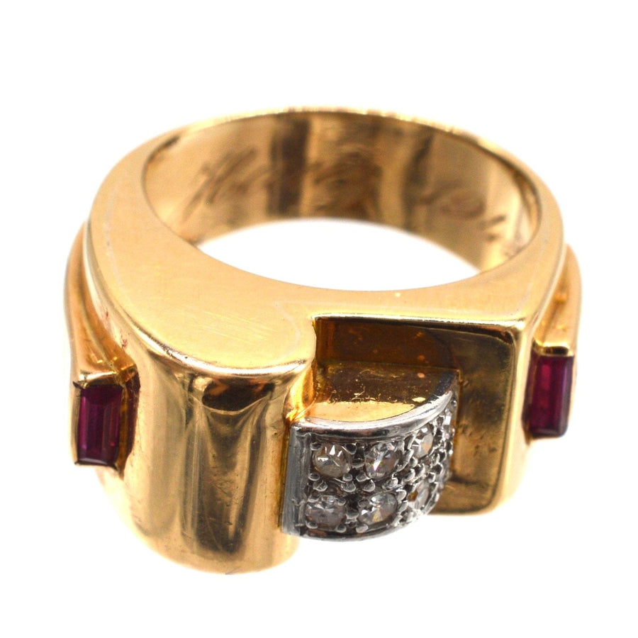 Französischer Gold- und Platinring im Retro-Stil der 1940er Jahre mit Diamanten und Rubinen, graviert mit Heinz 1943.