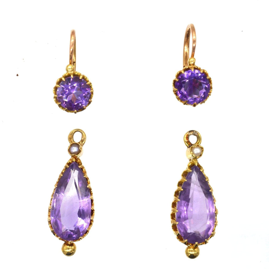 19. Jahrhundert 18ct Gold Ohrringe mit königlichen lila Amethyst und natürlichen Split Perle Akzente.