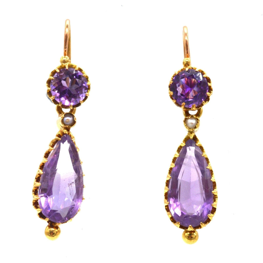 Goldohrringe aus dem 19. Jahrhundert mit königspurpurnen Amethysten und natürlichen Spaltperlen, Design im georgianischen Stil.