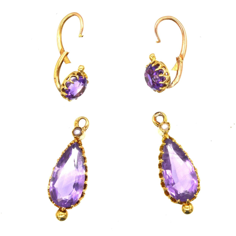 Goldohrringe aus dem 19. Jahrhundert mit Amethyst und geteilter Perle, perfekt für den Tag oder die Nacht.
