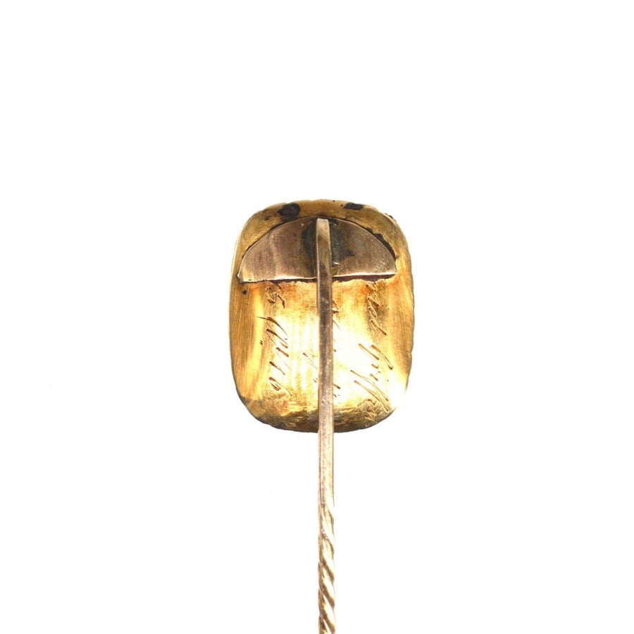 Georgianische Trauerkrawattennadel aus 9 Karat Gold mit geflochtenem Haar und Perlen, graviert für Harriet Griffin, um 1815.