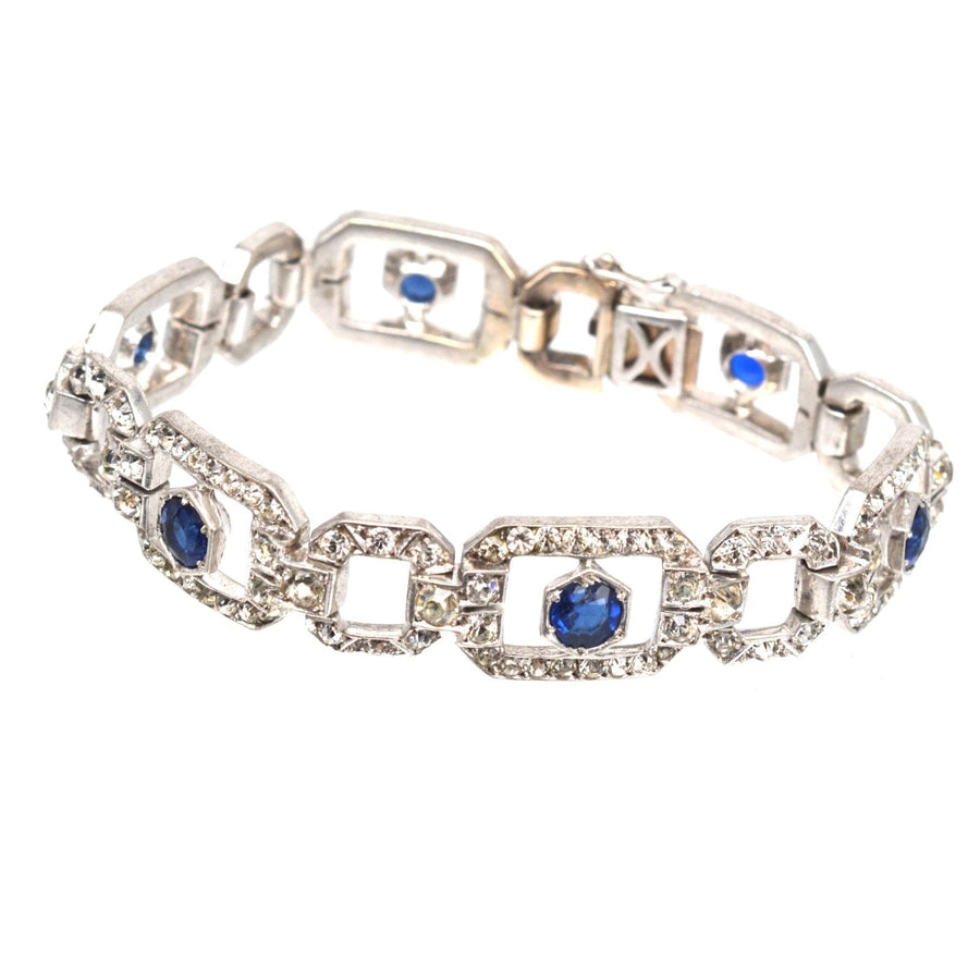 Art Deco Silberarmband von Knoll & Pregizer mit blauem Saphir und weißen Strasssteinen, eleganter Vintage-Schmuck.