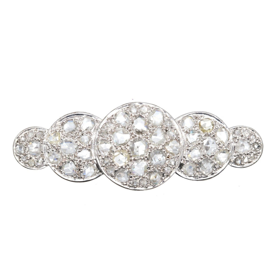 Große Art-Déco-Brosche mit fünf kreisförmigen Diamanten im Rosenschliff, ca. 1930, mit ca. 5 Karat Diamanten.
