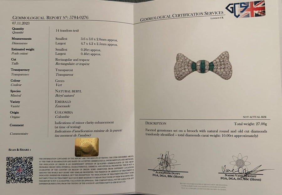 Gemmologischer Zertifizierungsbericht für eine französische Art-Déco-Brosche mit Diamanten und Smaragden, mit detaillierten Angaben zu Gewicht und Spezifikationen.