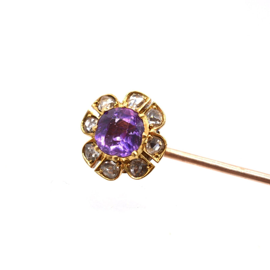 Spätviktorianische Krawattennadel aus 15-karätigem Gold mit einem Amethyst in der Mitte, umgeben von Diamantenblättern.