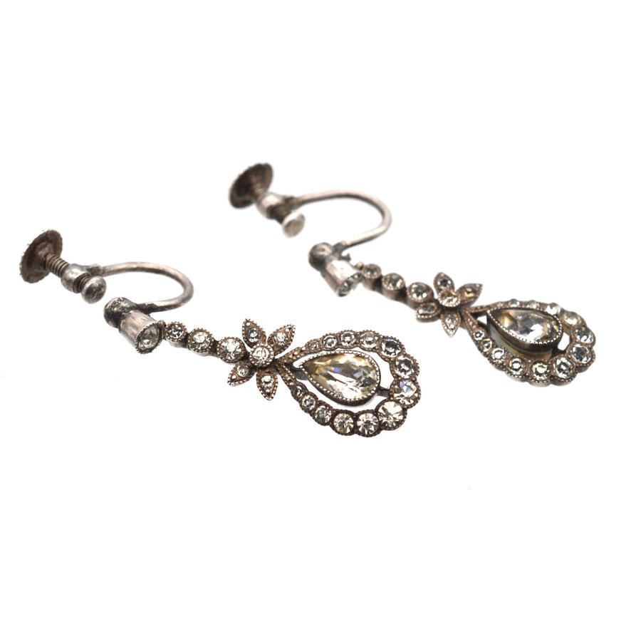 Mid Century silver and paste drop earrings featuring a classic floral design, perfect for formal occasions.