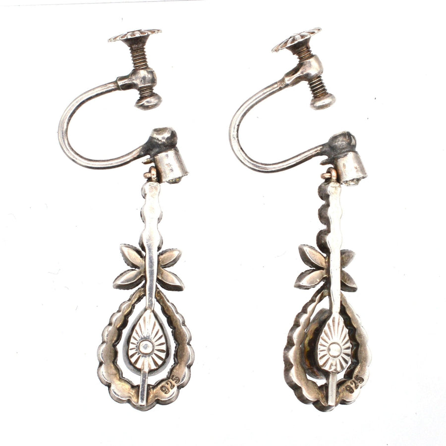 Mid Century silver and paste drop earrings showcasing floral design, suitable for unpierced or pierced ears.
