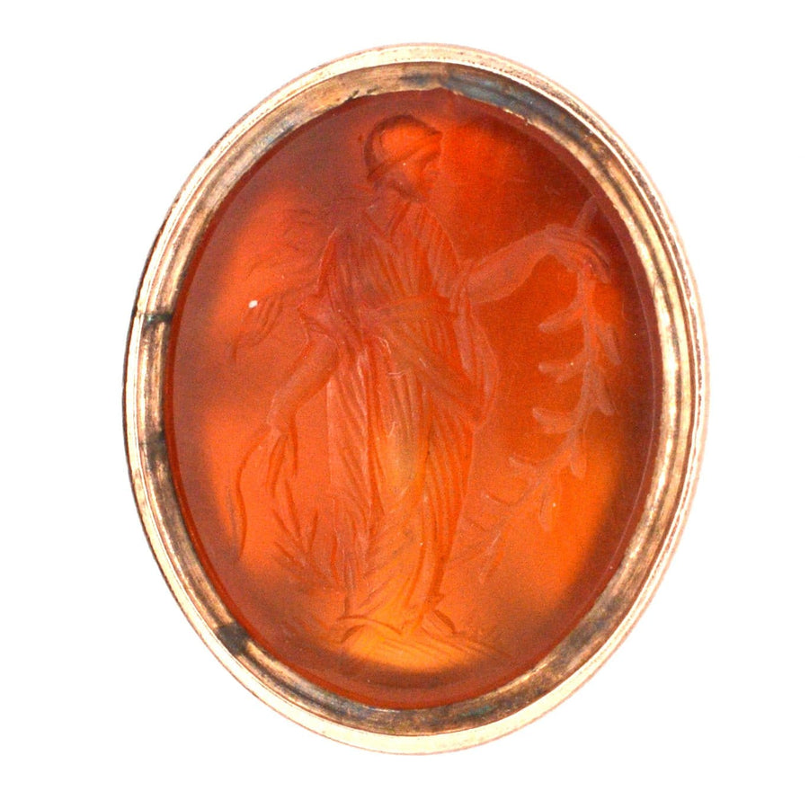 9ct gold seal featuring a carnelian intaglio of Greek Goddess Daphne holding a laurel branch.