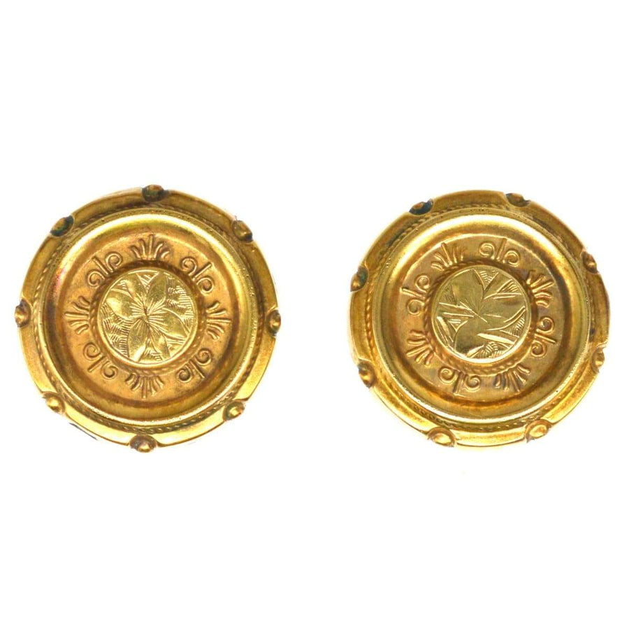 Viktorianische runde Ohrringe aus 15 Karat Gold im etruskischen Stil mit Goldseil und -draht, hergestellt zwischen 1860 und 1880.