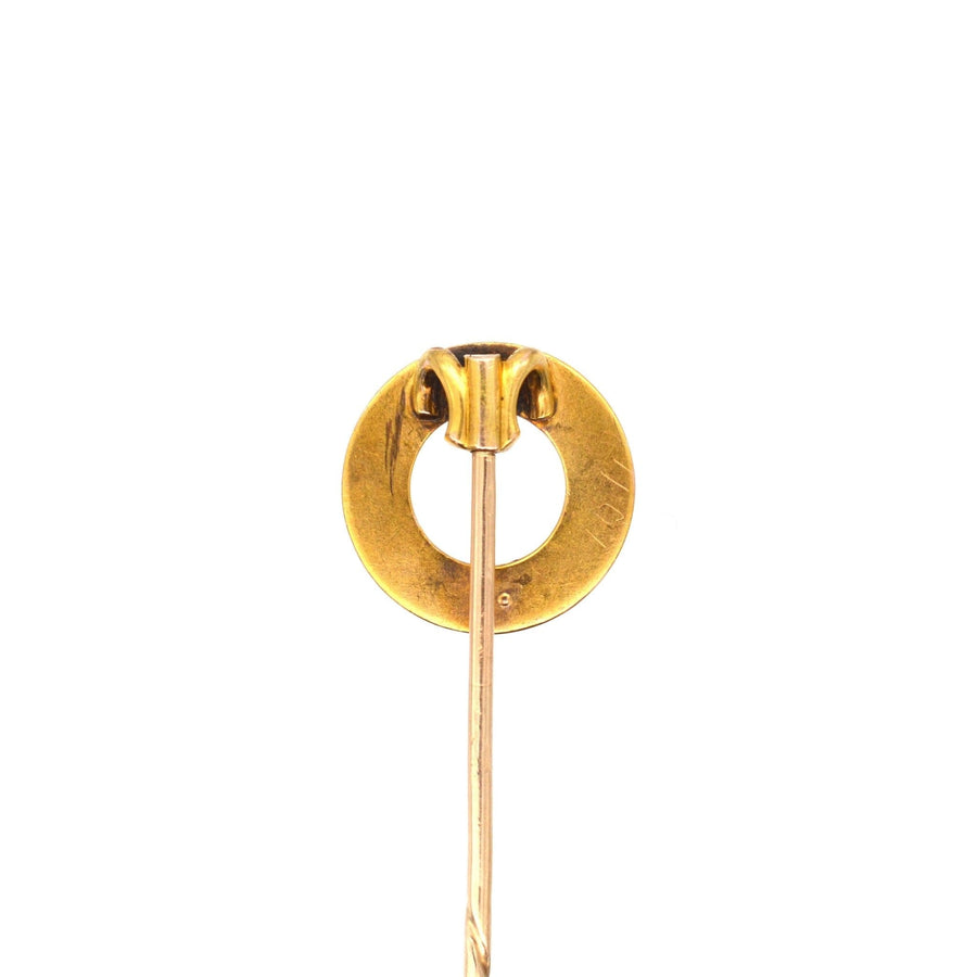 Victorian gold and coral racing tie pin, shaped like a horse race finishing post, perfect for racing enthusiasts.