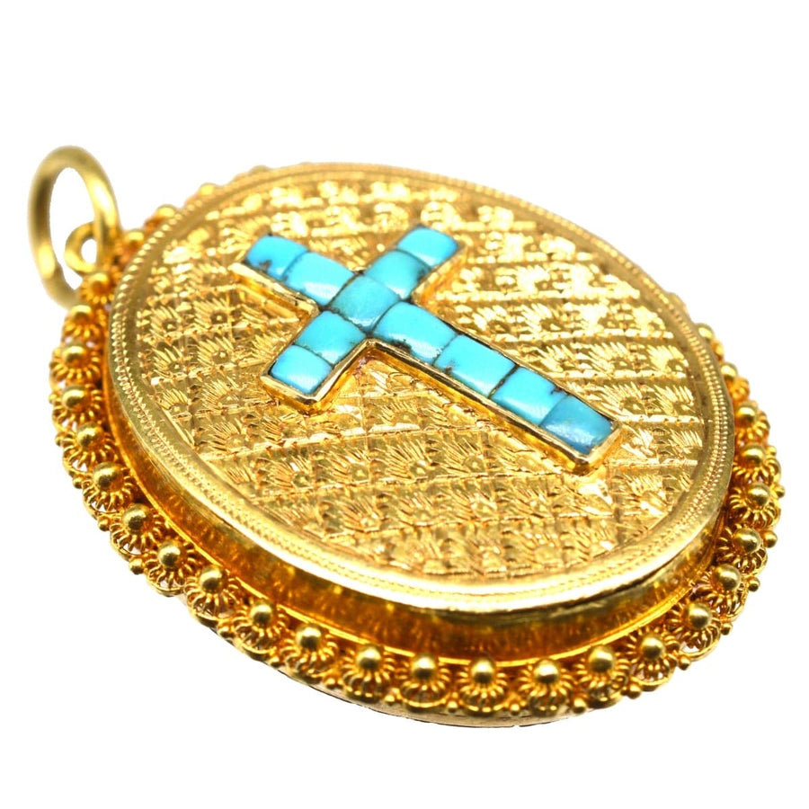 Viktorianisches Medaillon aus 18 Karat Gold mit türkisfarbenem Kreuz, ideal für Fotos, im Originaletui, ein perfektes Geschenk zur Taufe.