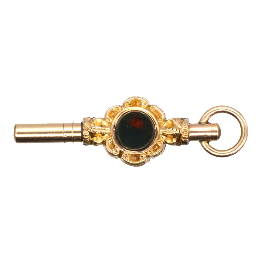 Viktorianischer Uhrenschlüssel im Goldgehäuse mit Blutstein und Karneol, um 1830-1850, eleganter Anhänger.