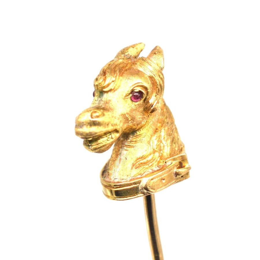 Viktorianische schottische Krawattennadel aus 18 Karat Gold mit Pferdekopf, Rubinaugen und Strumpfbandmuster.