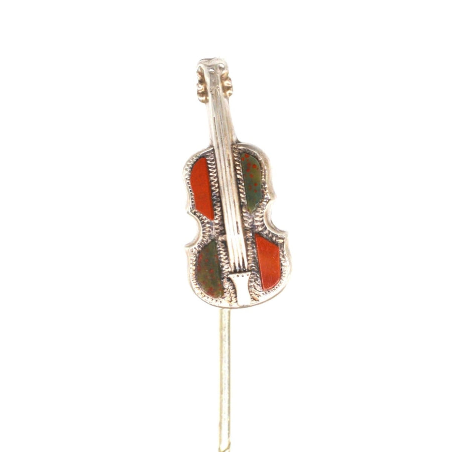 Viktorianische schottische Geigenkrawattennadel aus Silber mit Blutstein und Jaspis, ein einzigartiges Geschenk für einen Gentleman.