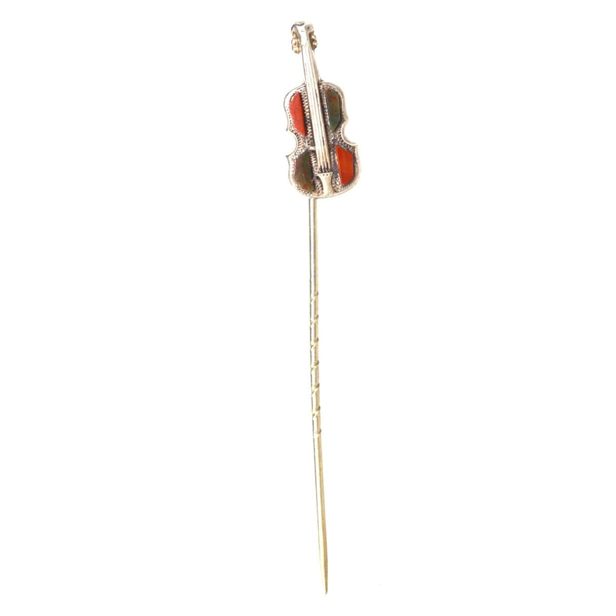 Viktorianische schottische Geigenkrawattennadel aus Silber mit Blutstein und Jaspis, das perfekte Geschenk für einen Gentleman.