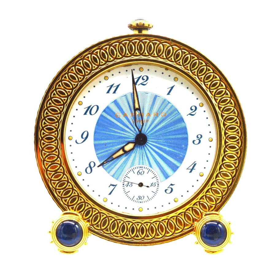 Vergoldeter Metall-Reisewecker von Garrard in limitierter Auflage, mit saphirähnlichen Cabochons und aufwendigem Design.