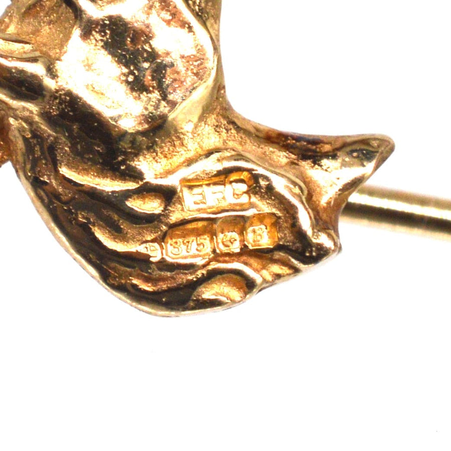 Vintage 1950s 9ct Gold Horse Head Tie Pin, showcasing intricate design and hallmark details.
