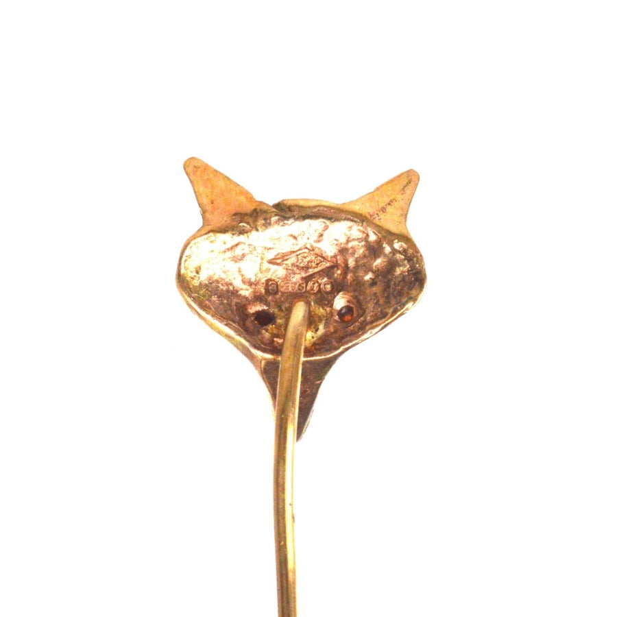 1960s 9ct gold fox tie pin with garnet eyes, London hallmarked, vintage men's accessory.