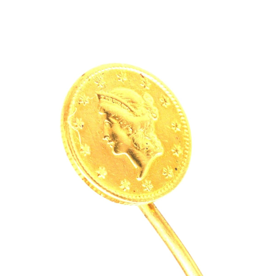 19th Century American gold dollar coin with Liberty Head, featured as a tie pin for elegant styling.