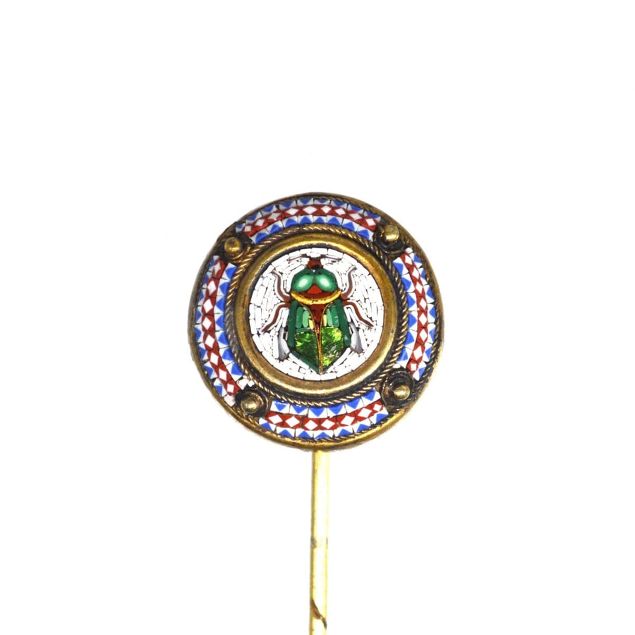 19th century micromosaic tie pin featuring a scarab beetle with colorful iridescent details.