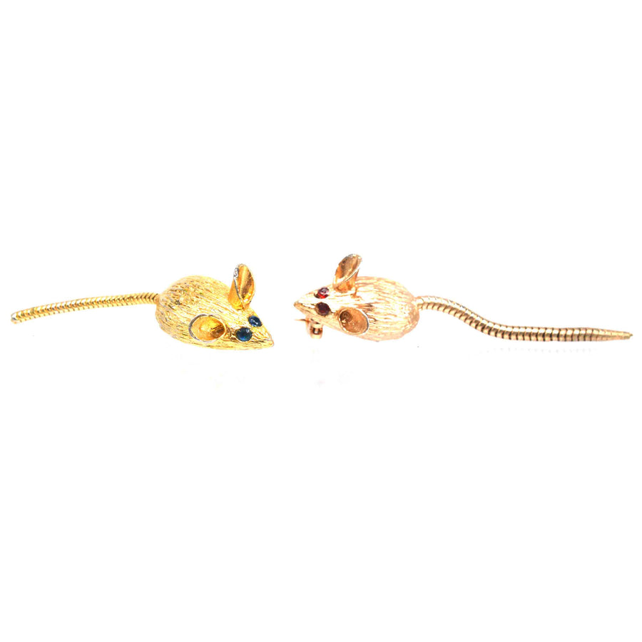 Mid Century Pair of Gold Tone Mice Brooches with Paste Coloured Eyes