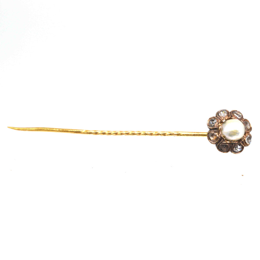 19th century 18ct gold cluster tie pin with natural pearl and rose cut diamonds, elegant vintage accessory
