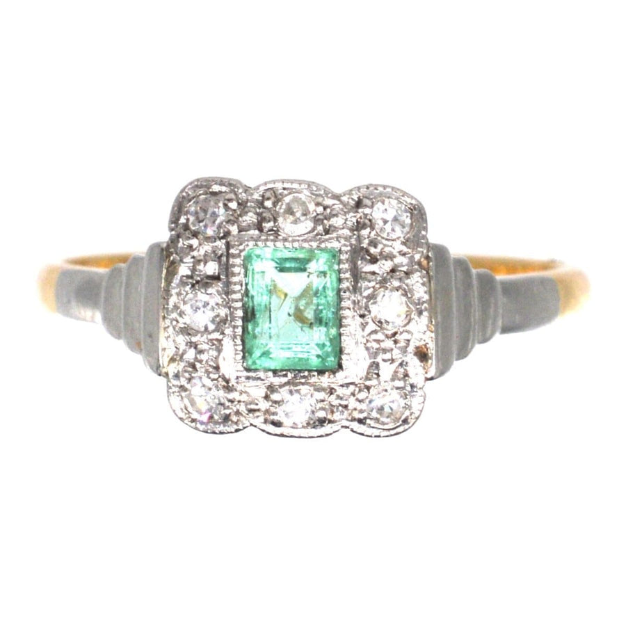 Art Deco 18ct gold and platinum ring with emerald and diamond in millegrain setting, ideal for engagement or May birthdays.