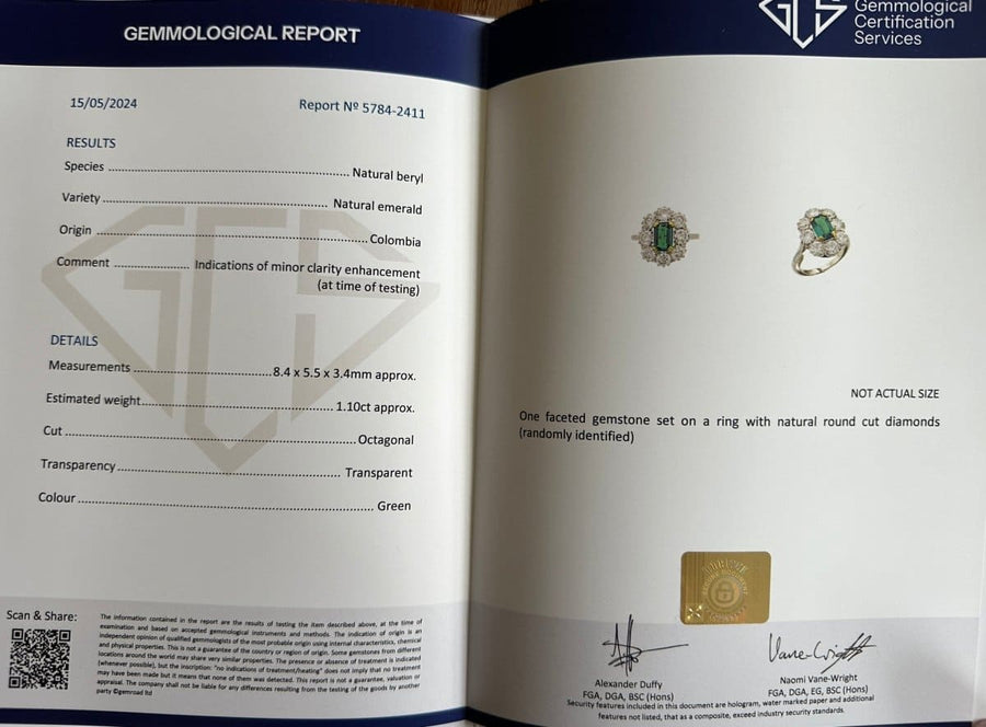 Gemmological report for a certified Colombian emerald with minor clarity enhancement and diamonds.