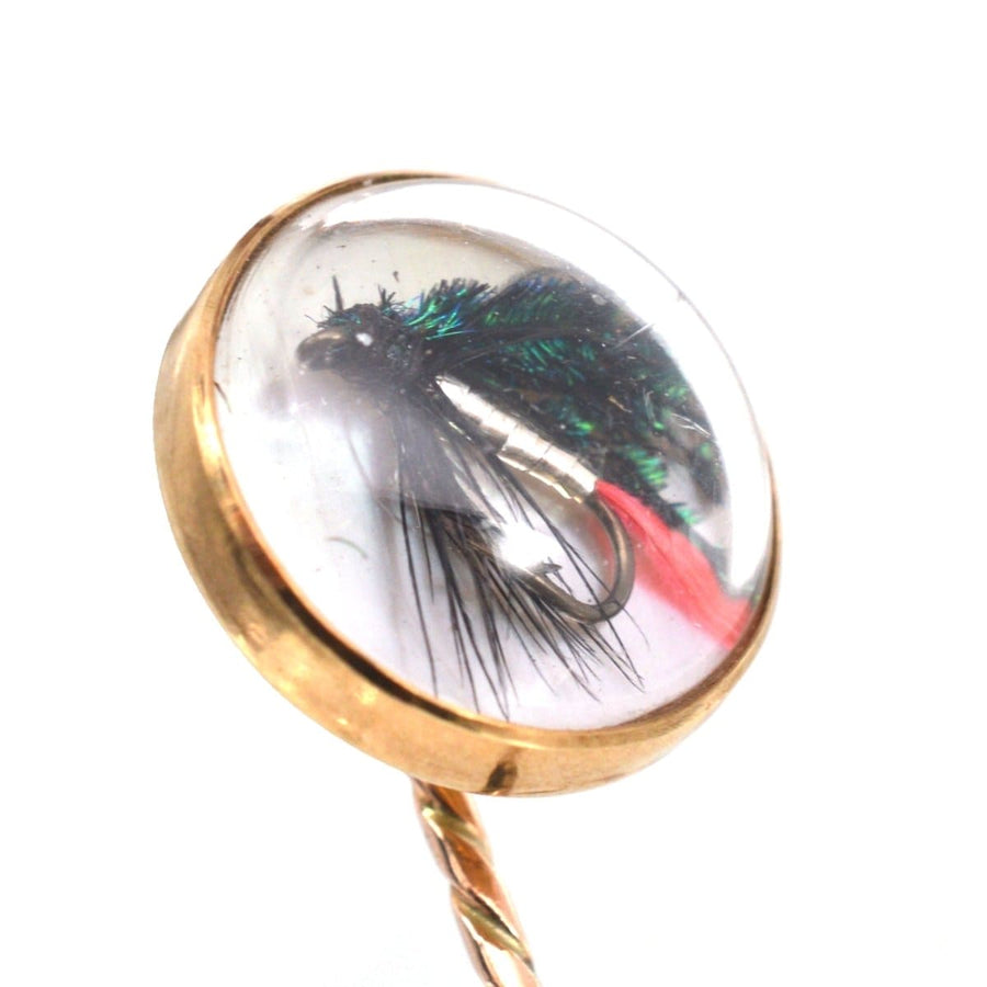 Art Deco 9ct gold fishing hook and feather tie pin showcasing intricate Essex crystal details.