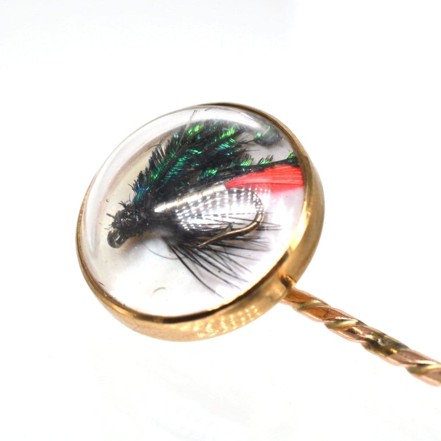 Art Deco 9ct gold tie pin featuring a miniature fishing lure in a crystal dome, perfect for fishing enthusiasts.