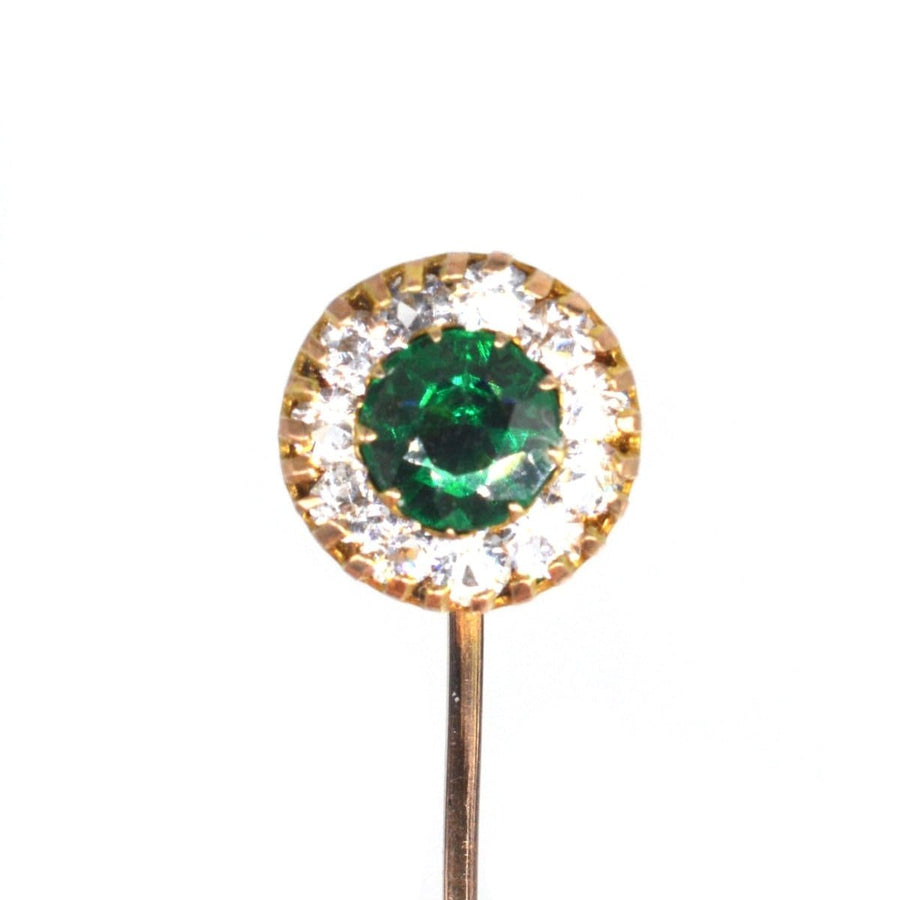 Art Deco green and white rhinestone cluster tie pin, elegant and stylish, ideal for colorful silk ties.
