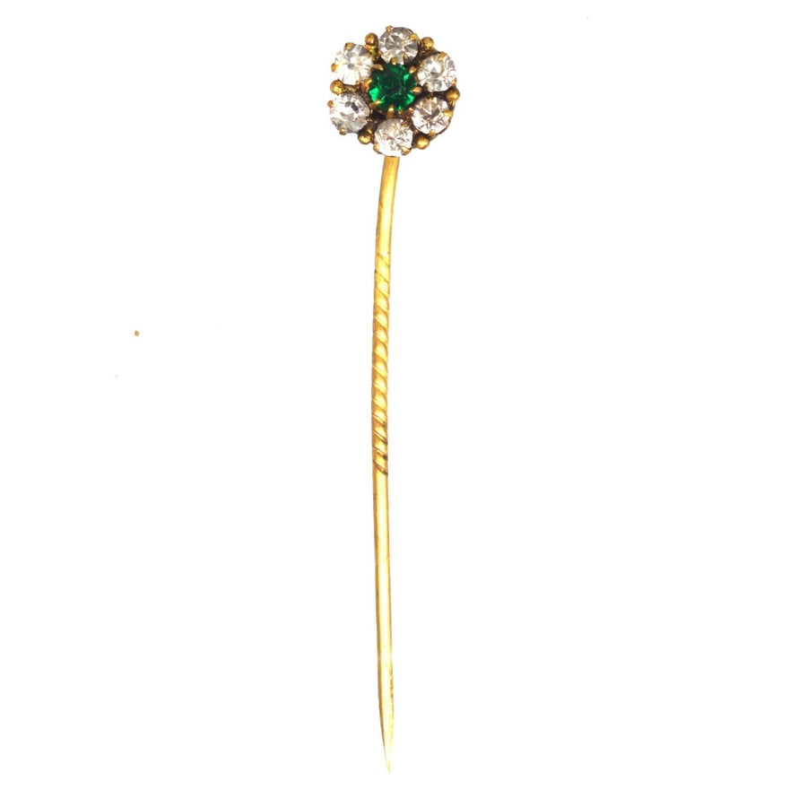 Stylish Art Deco green emerald and white paste cluster tie pin for colorful silk ties, featuring a unique floral design.