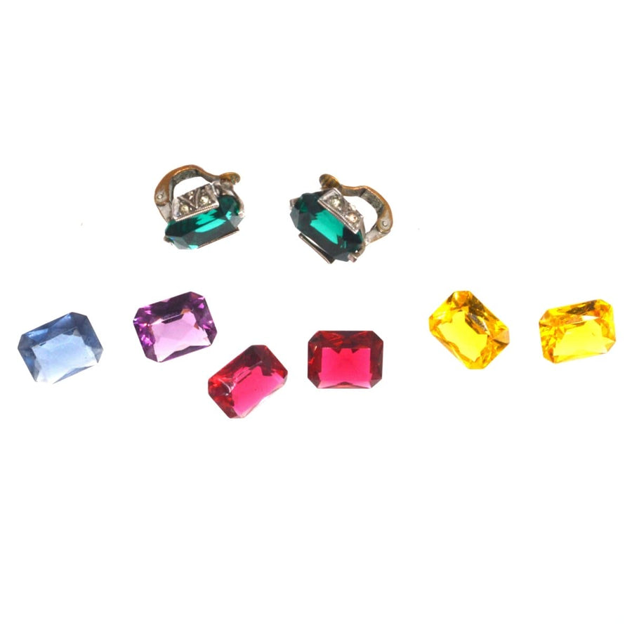 Art Deco interchangeable paste earrings set with colorful stones in original case by The General Trading Company.