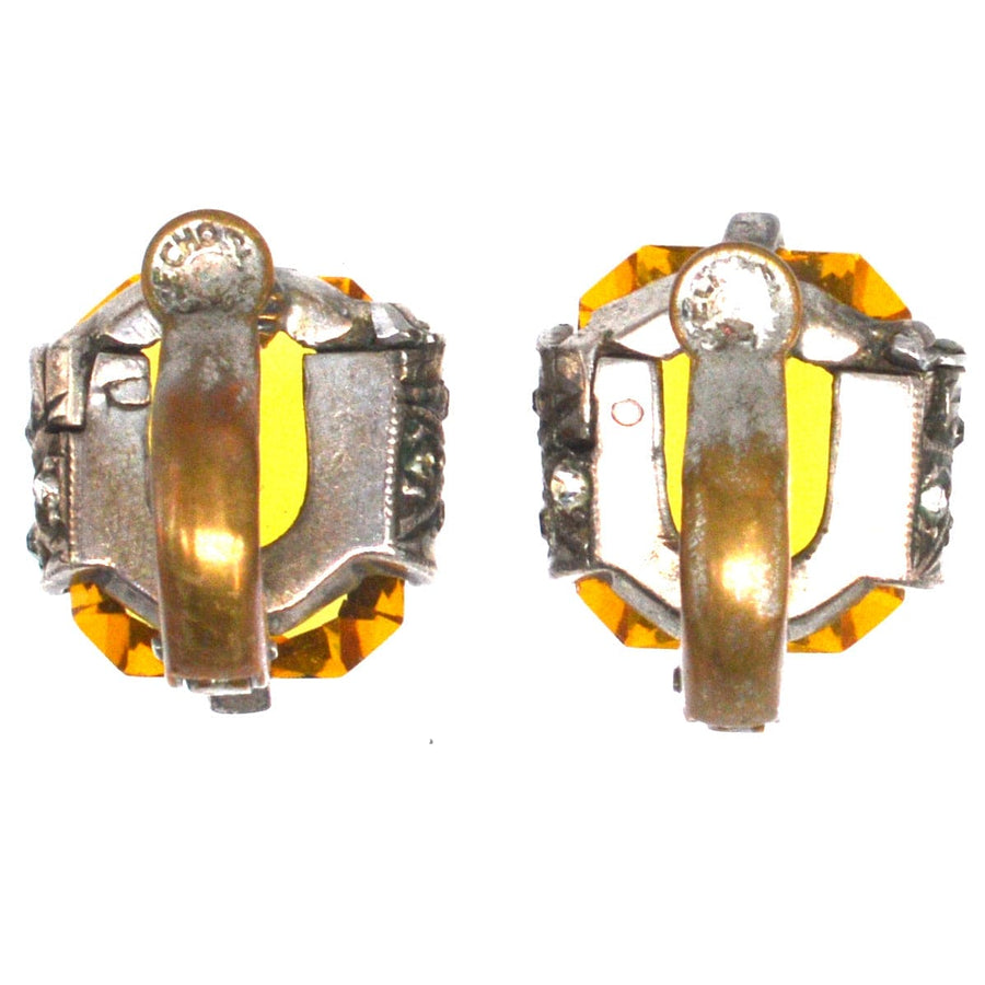 Art Deco interchangeable earrings with yellow paste stones and original case for stylish combinations.