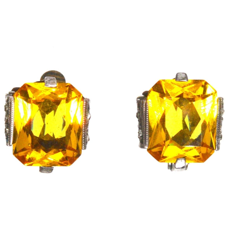 Art Deco interchangeable earrings featuring sparkling yellow paste stones in elegant settings.