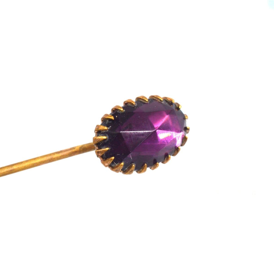 Art Deco purple rose cut paste tie pin with an oval purple stone, perfect for colorful silk ties.