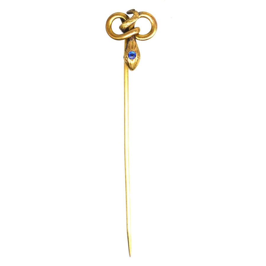 Art Nouveau gold snake tie pin with blue paste, featuring intricate twist design and 'FIX' stamp, high-quality rolled gold.