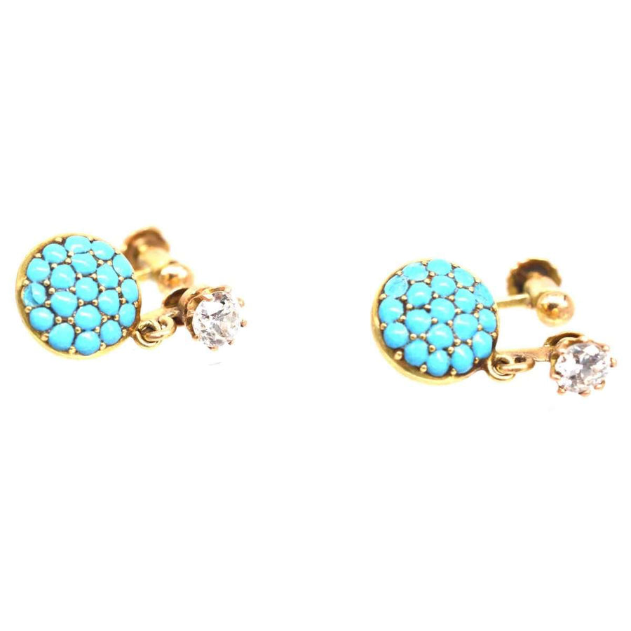 Early 20th Century 18ct gold diamond and pavé turquoise screw-on earrings, circa 1910s, with luxurious texture.