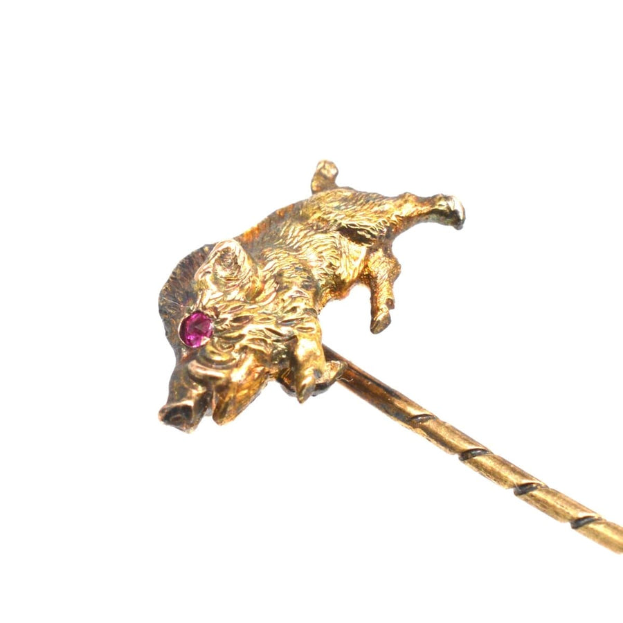 14ct gold wild boar tie pin with ruby eyes, symbolizing bravery and sophistication in men's accessories.