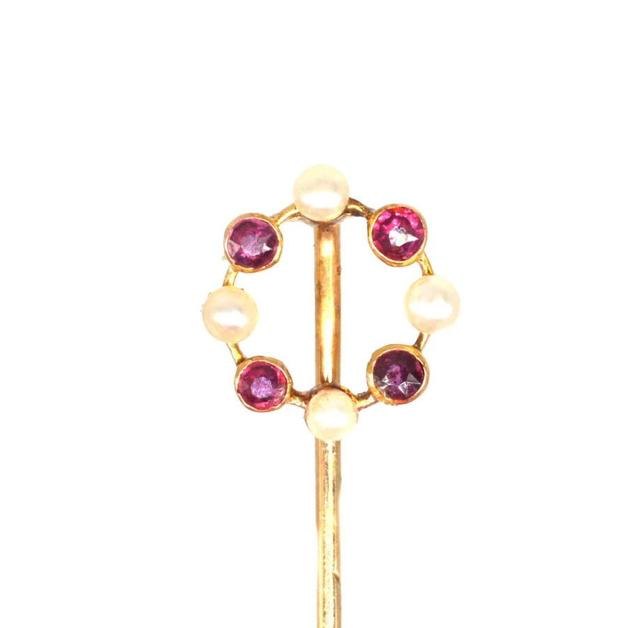 Edwardian 15ct Gold Pearl and Ruby Circular Tie Pin | Parkin and Gerrish | Antique & Vintage Jewellery
