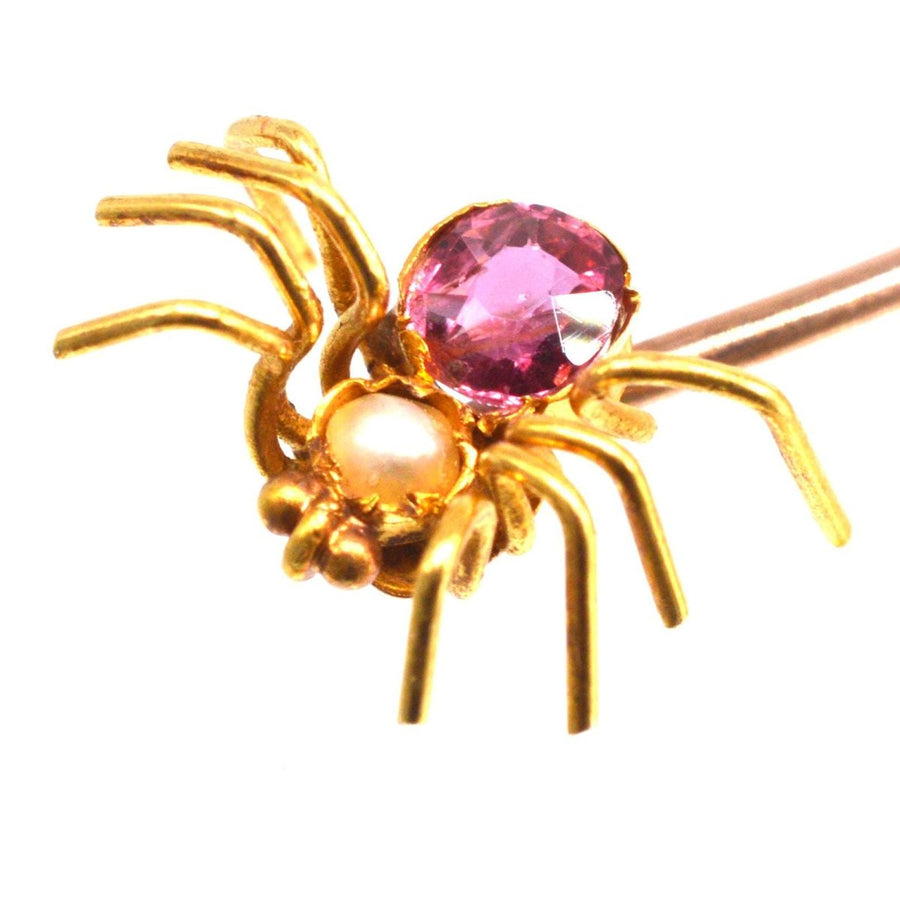 Edwardian 15ct Gold Pink Tourmaline and Pearl Spider Tie Pin | Parkin and Gerrish | Antique & Vintage Jewelry