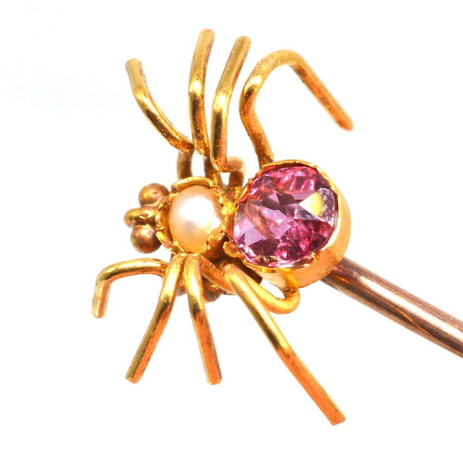 Edwardian 15ct Gold Pink Tourmaline and Pearl Spider Tie Pin | Parkin and Gerrish | Antique & Vintage Jewelry