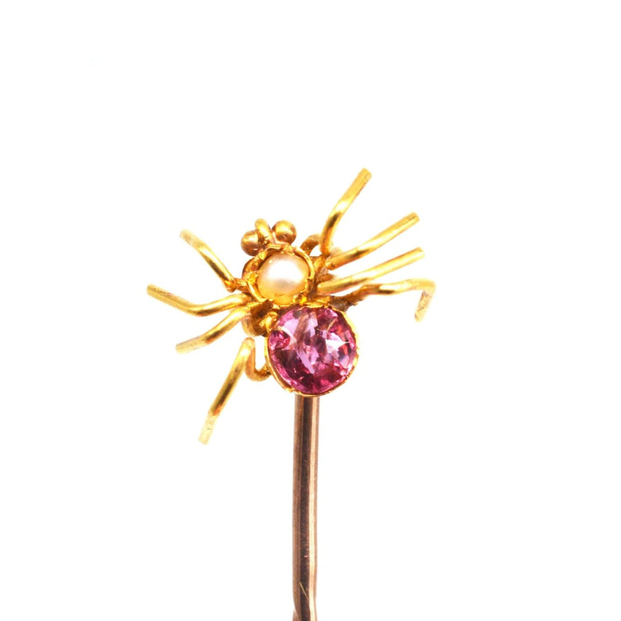 Edwardian 15ct Gold Pink Tourmaline and Pearl Spider Tie Pin | Parkin and Gerrish | Antique & Vintage Jewelry