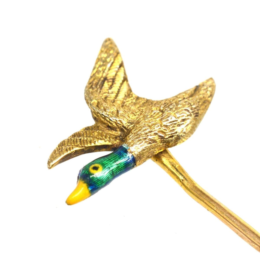 Edwardian 9ct gold and enamel duck tie pin, featuring a lifelike duck head and detailed craftsmanship, perfect for stylish gents.