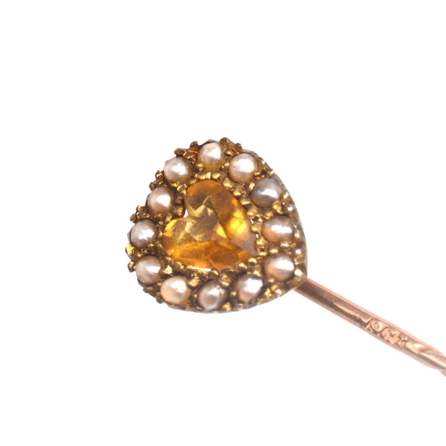 9ct gold heart tie pin featuring a citrine stone and seed pearls, perfect for gifts and celebrations.
