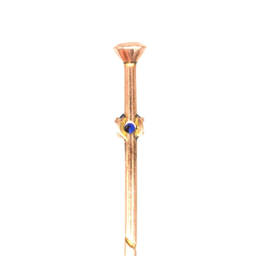 Edwardian 9ct gold tie pin designed as a walking cane with a sapphire, perfect for weddings or September birthdays.