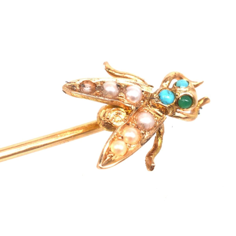Edwardian 9ct gold bug tie pin with turquoise stones and lustrous seed pearls, perfect for silk ties.