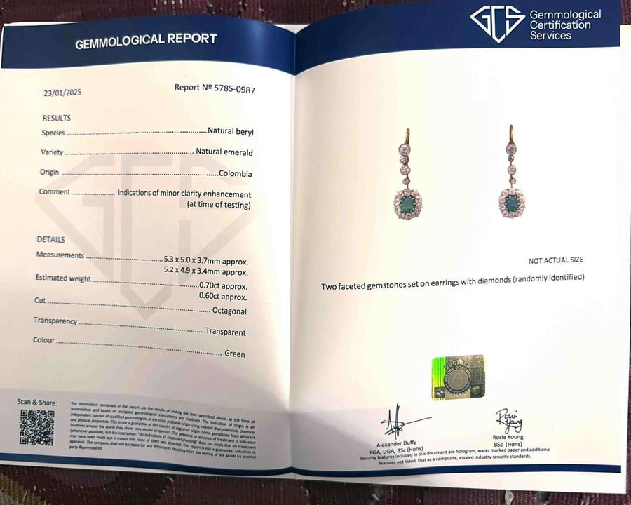 Gemmological report featuring emerald and diamond cluster drop earrings with certification details.