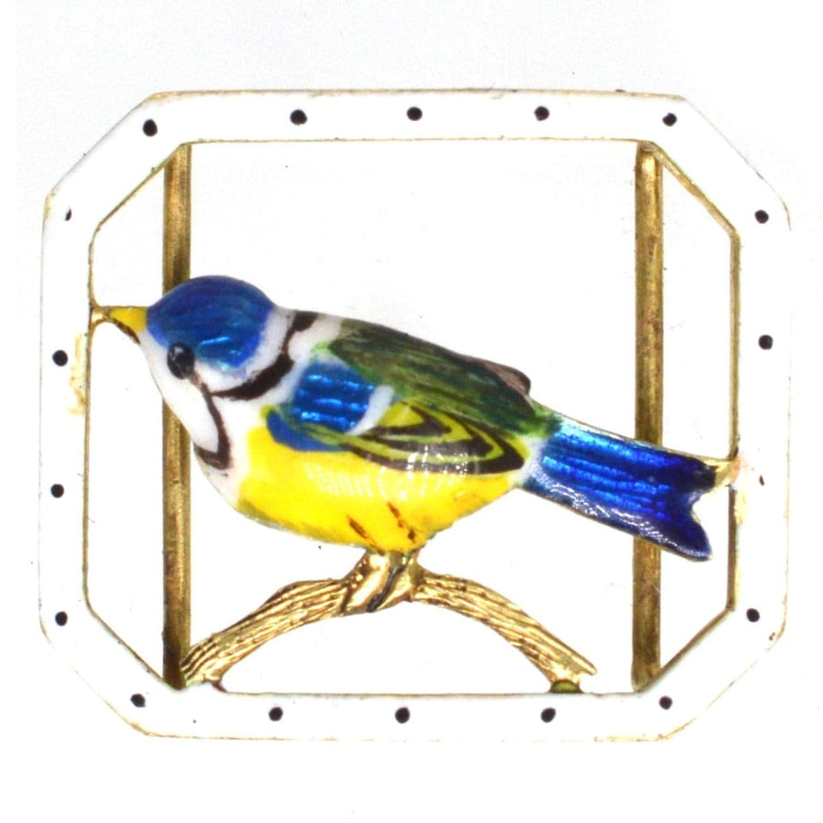 15ct gold enamel buckle featuring a vibrant blue tit bird, symbolizing hope and optimism in Edwardian style.
