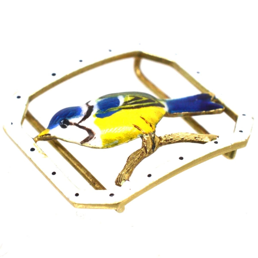 15ct gold enamel buckle featuring a blue tit bird, symbolizing hope and optimism in a charming decorative design.